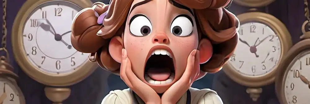 illustration of scared woman with clocks